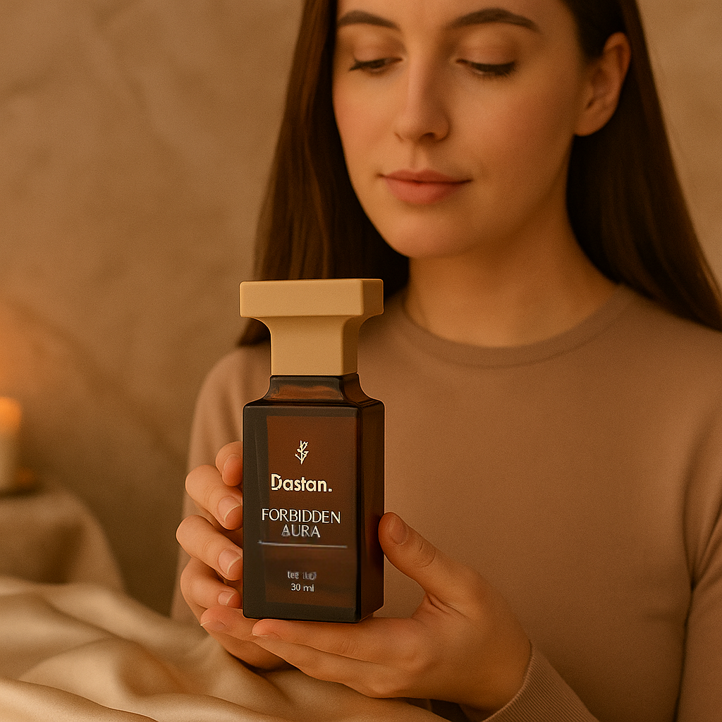 Woman holding a bottle of 'Dastan Forbidden Aura' perfume against a warm-toned background